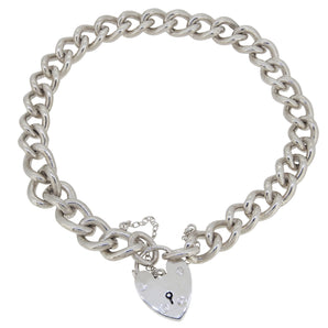 A modern, silver, curb link bracelet with a padlock clasp.