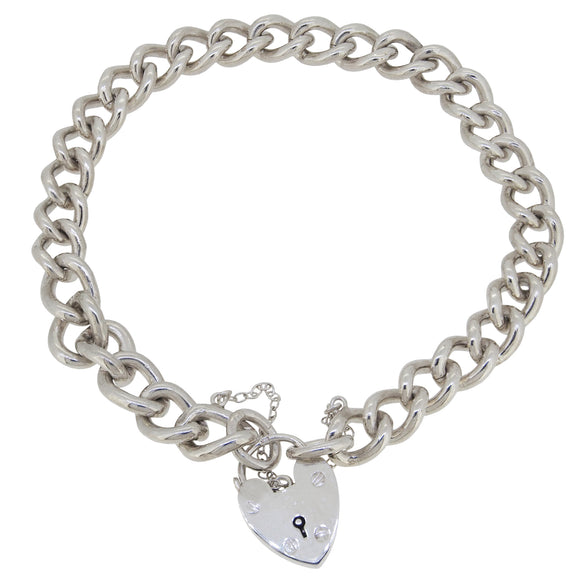 A modern, silver, heavy, curb link bracelet with a padlock clasp.