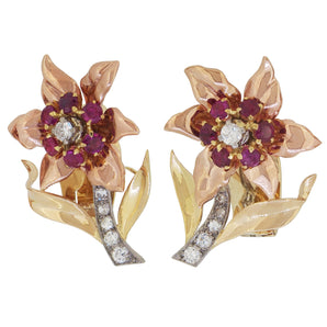 A pair of early 20th century, 9ct yellow gold, ruby &amp; diamond set clip on earrings.