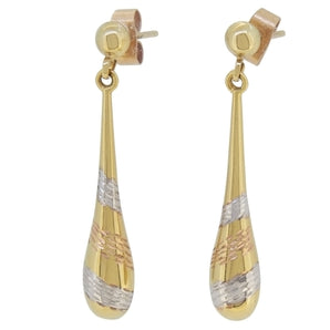 A pair of modern, 9ct yellow gold, elongated teardrop shape drop earrings with white &amp; rose colour decorations.