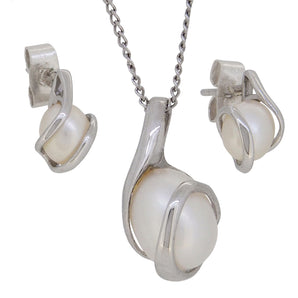 A pair of modern, white metal, pearl set stud earrings & pearl set pendant & chain.