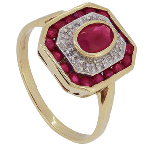 A modern, 9ct yellow gold, ruby &amp; diamond set square cluster tablet ring.
