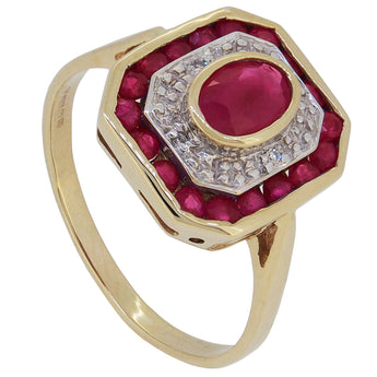 A modern, 9ct yellow gold, ruby &amp; diamond set square cluster tablet ring.