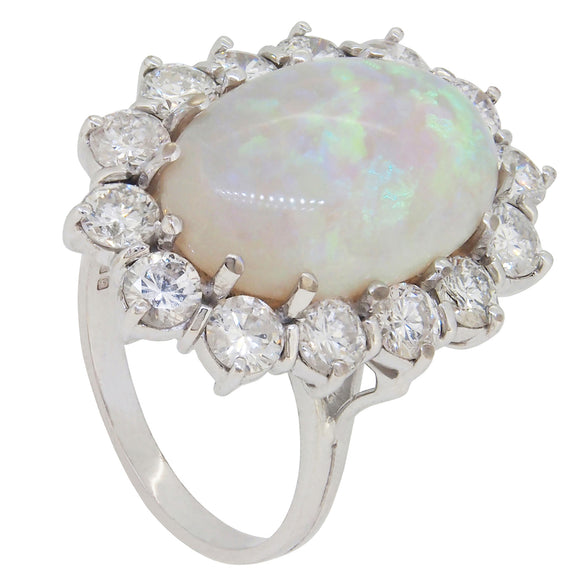 A modern, 18ct white gold, opal & diamond set cluster ring