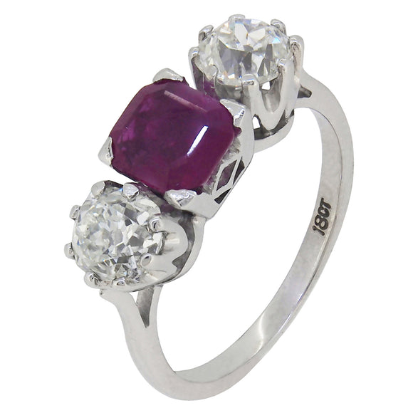 An early 20th century, 18ct white gold, ruby & old fashioned cut diamond set, three stone ring