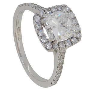 A modern, 18ct white gold, cushion cut diamond set, halo cluster ring.