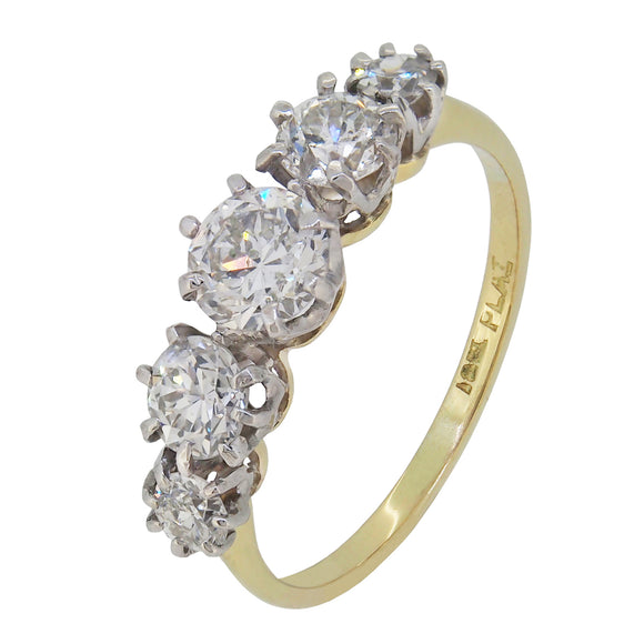 An early 20th century, 18ct yellow gold & platinum setting, diamond set, five stone half hoop ring