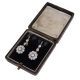 A pair of Victorian, 18ct yellow gold with silver settings, diamond set cluster drop earrings & fitted case.