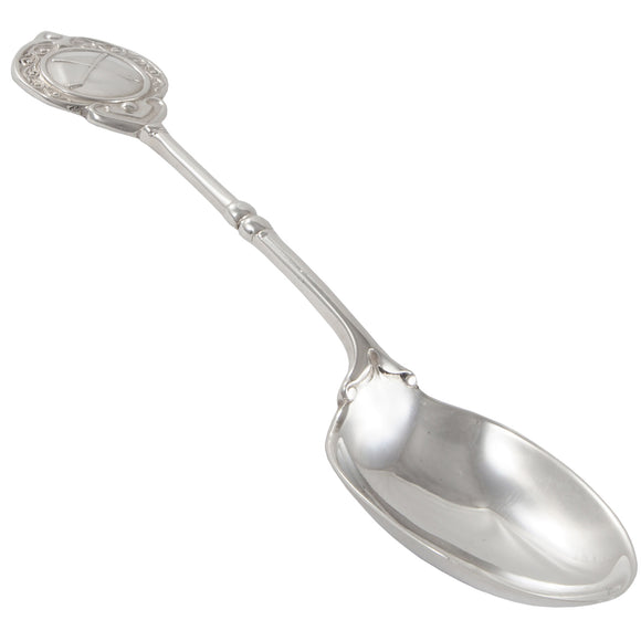 A mid-20th century, silver, teaspoon with a golf motif and H.G.T for Herefordshire Golf Course engraved on the rear of the terminal end