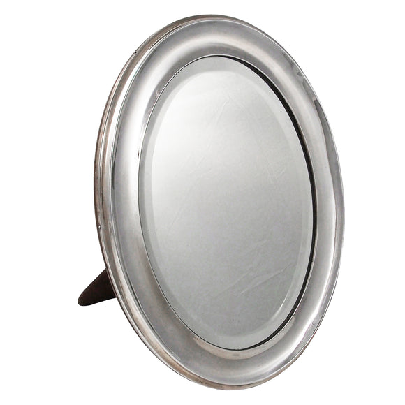 An early 20th century, silver, plain, oval, dressing table mirror on a stand