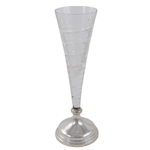 A modern, glass vase with a spiral design & silver base