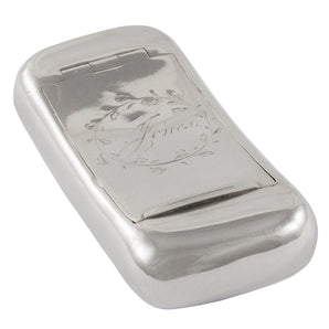 A Georgian, silver snuff box with an engraved foliate cartouche to the lid, inscribed 'Jones' & a gilt interior.