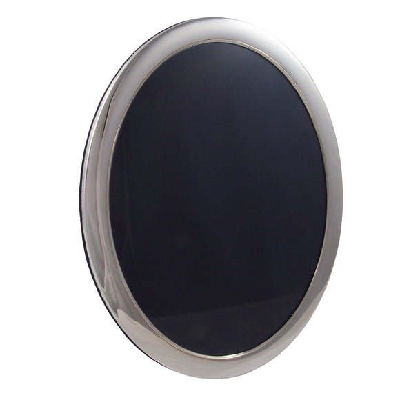 A modern, silver, oval photograph frame