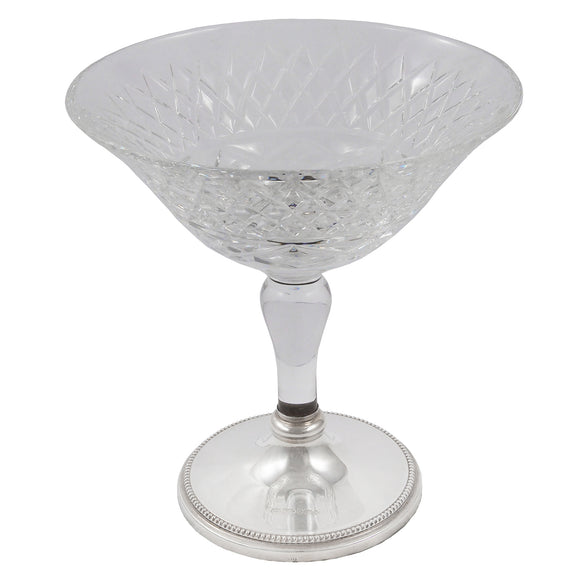 A modern, glass Tazza dish on a silver base
