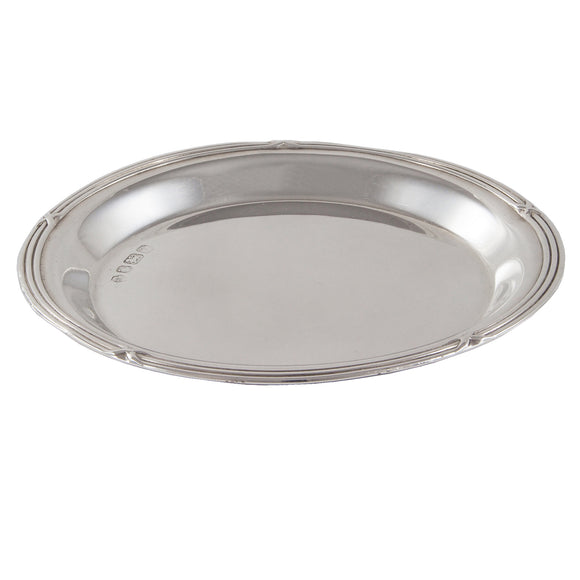 A modern, silver, circular pin tray