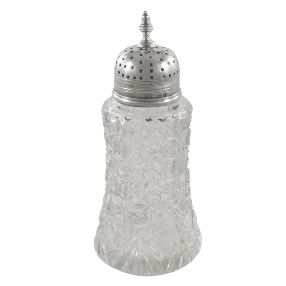 An early 20th century, cut glass sugar dredger with a silver lid