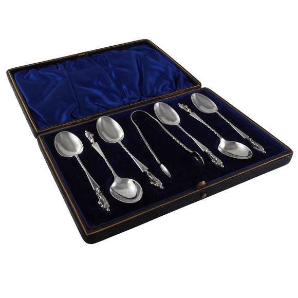 Six Edwardian, silver Apostle spoons & a pair of tongs & fitted case