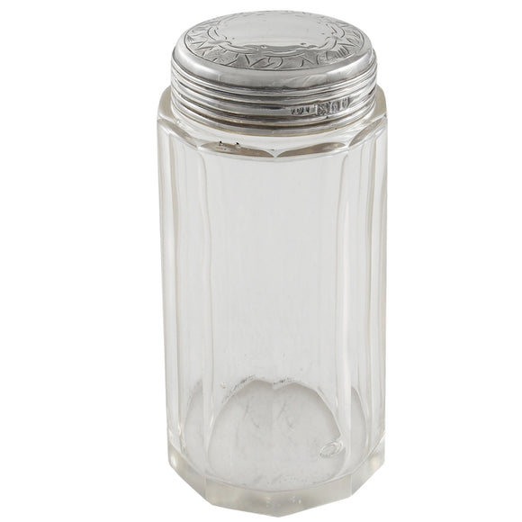 An Edwardian, glass jar with a silver lid