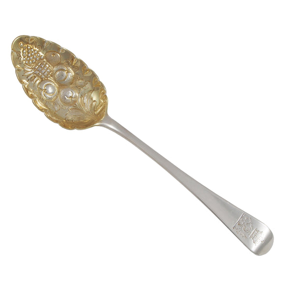 A Georgian, silver, Old English Pattern berry spoon with a gilded bowl