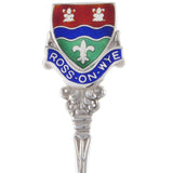 A mid-20th century, silver, enamel set teaspoon featuring a Crest of Ross-On-Wye, Herefordshire