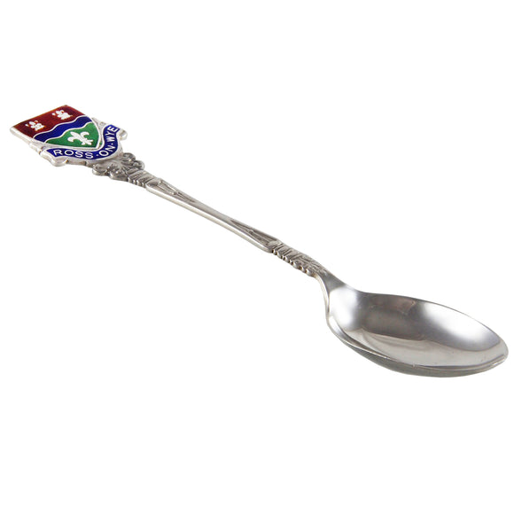 A mid-20th century, silver, enamel set teaspoon featuring a Crest of Ross-On-Wye, Herefordshire