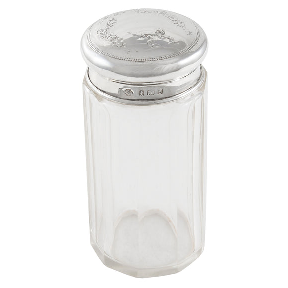An Edwardian, glass jar with a silver lid