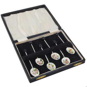 A set of six, modern, silver, enamel set bowls, floral pattern, coffee bean spoons & fitted case