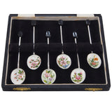 A set of six, modern, silver, enamel set bowls, floral pattern, coffee bean spoons & fitted case