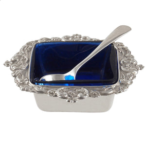 An Edwardian, silver, open salt with spoon & blue glass liner