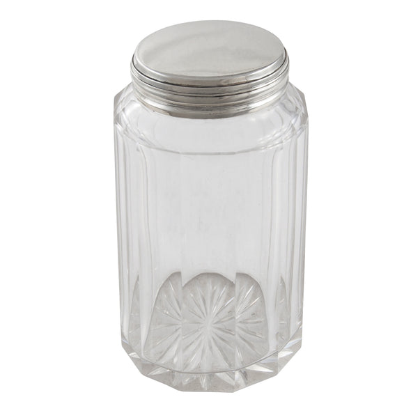 A Victorian, glass jar with a silver lid