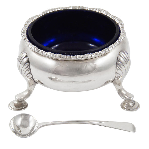 A Georgian, silver, open salt with a blue glass liner & spoon