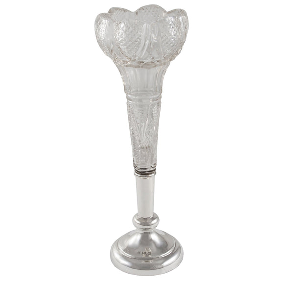 An Edwardian, glass trumpet vase with a silver base