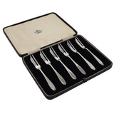 Six early 20th century, silver pastry forks & fitted case