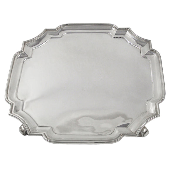 An Edwardian, silver, square salver on four feet