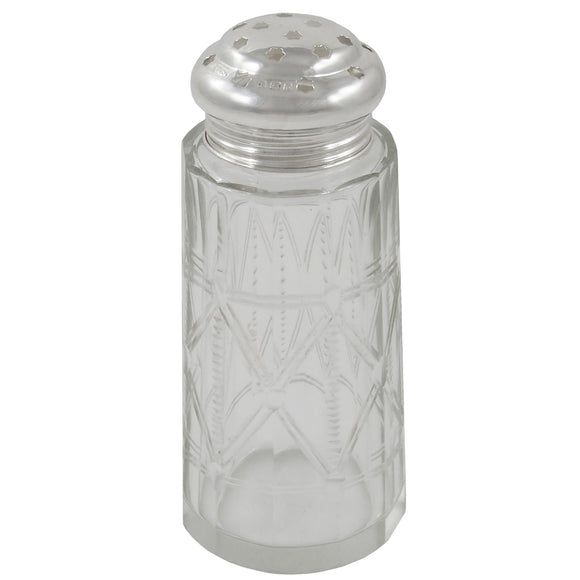 An early 20th century, glass sugar sifter with a silver lid