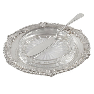 A mid-20th century, silver butter dish with a clear glass liner & silver butter dish