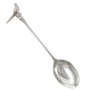 A mid-20th century, silver teaspoon with a pheasant model on the terminal end