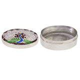 A modern, silver, enamel set, oval pill box open