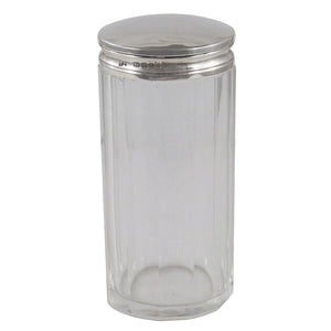 A early 20th century, glass jar with a silver lid