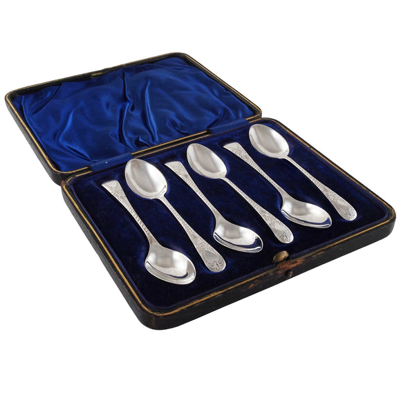 Six Edwardian, silver, engraved coffee spoons & fitted case