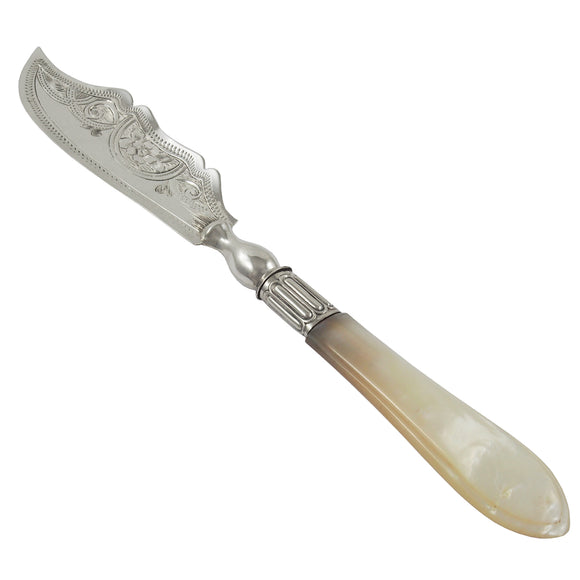 A Victorian, silver butter knife with a mother of pearl handle