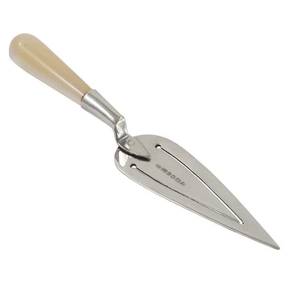 A modern, silver trowel bookmark with a mother of pearl handle