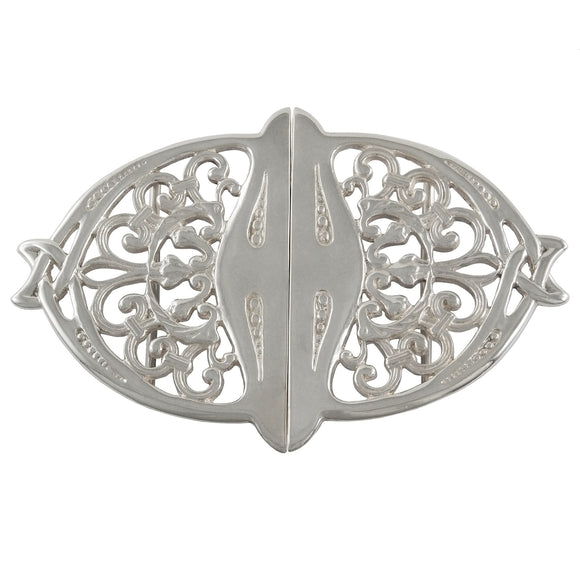 A modern, silver nurses dress buckle.