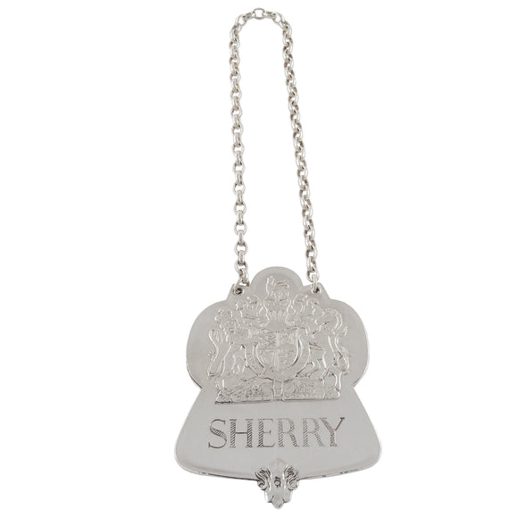 A modern, silver, sherry decanter label.