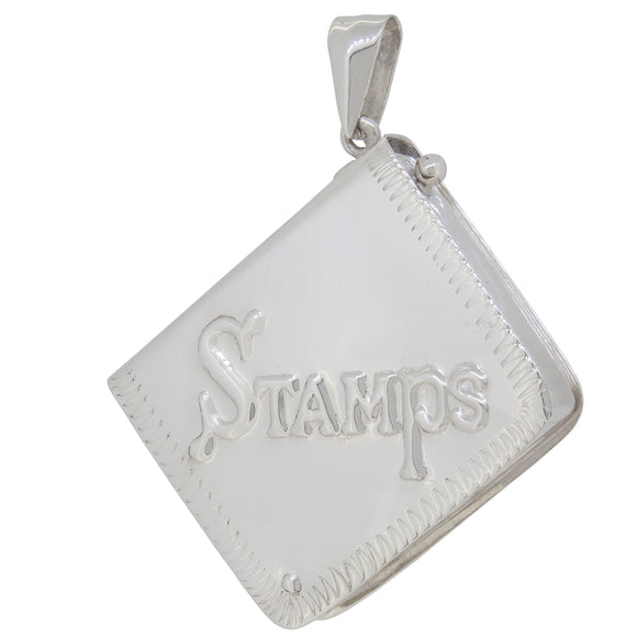 A modern, silver stamp case pendant