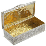 A modern, silver, rectangular box decorated with putti & a gilt interior.