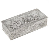 A modern, silver, rectangular box decorated with putti & a gilt interior.