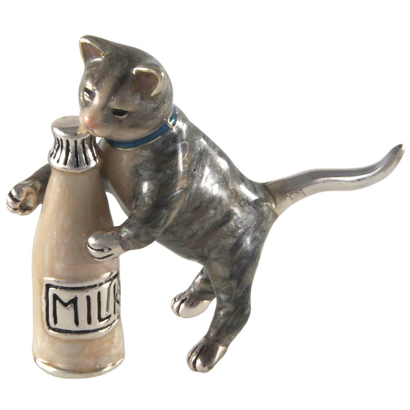 A modern, silver, enamel set model of a cat & milk bottle