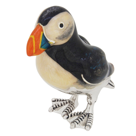 A modern, silver, enamel set model of a puffin