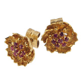 A pair of mid-20th century, 18ct yellow gold, ruby set, floral, cluster stud earrings